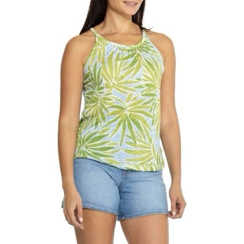 Sigrid Olsen 100% Linen Green And Blue Palm Print High Neck Size XL Top